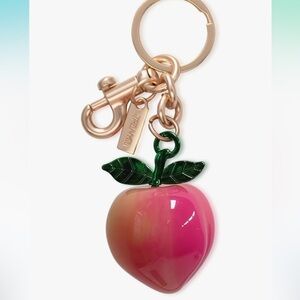Peach purse bag charm clip Keychain, Green Leaves, gold hardware
